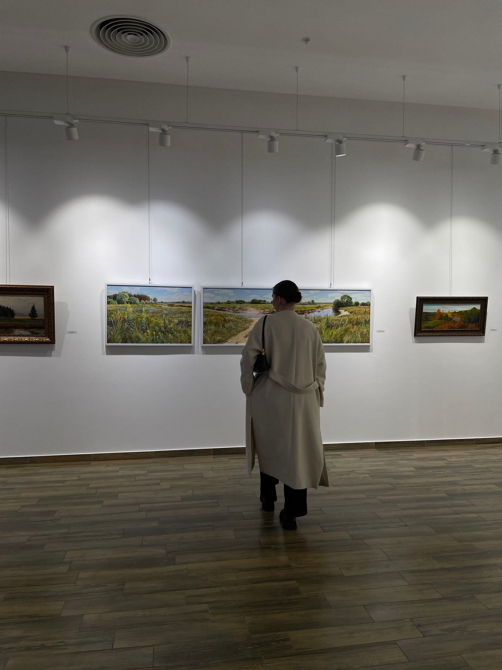 Una sala di galleria con quadri di paesaggio e una visitatrice