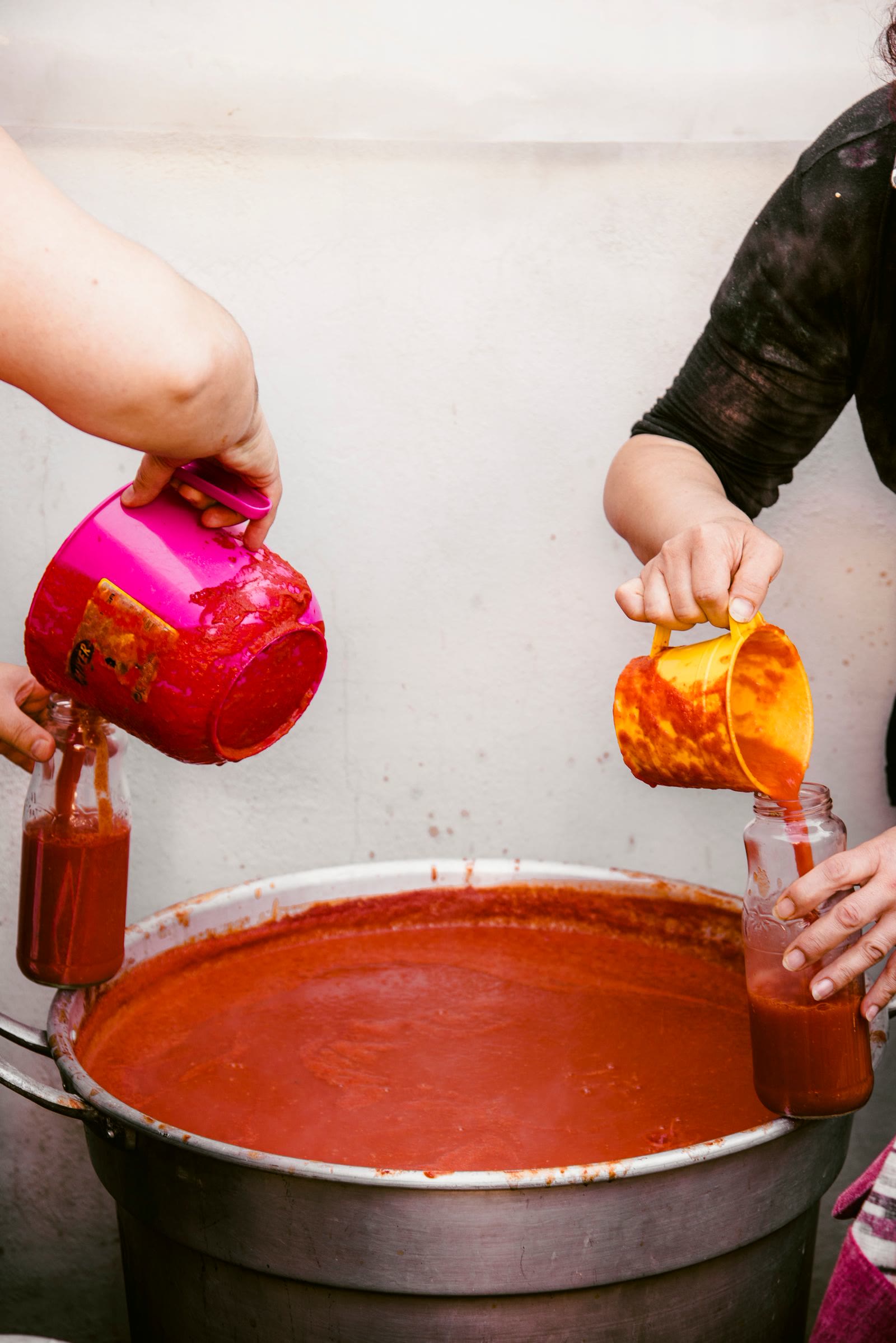 Salsa di pomodoro versata nei vasetti